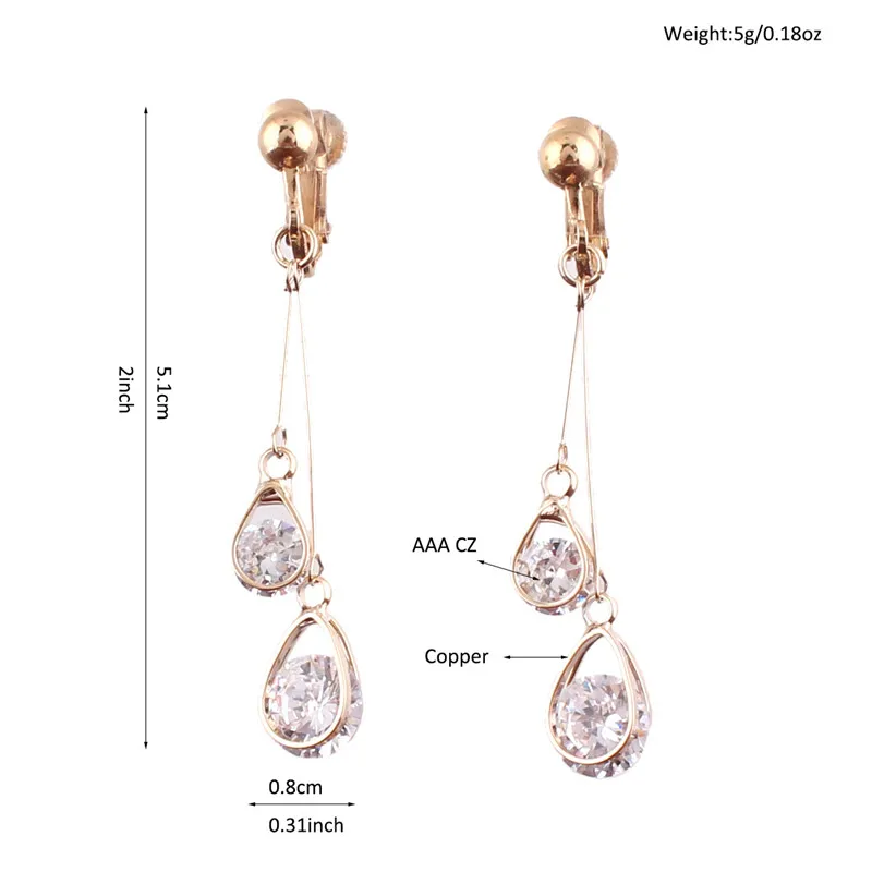 Grace Jun Korea Style CZ Double Water Drop Shape Clip on Earrings Non Piercing for Women Party Wedding Charm Jewelry Bijouterie