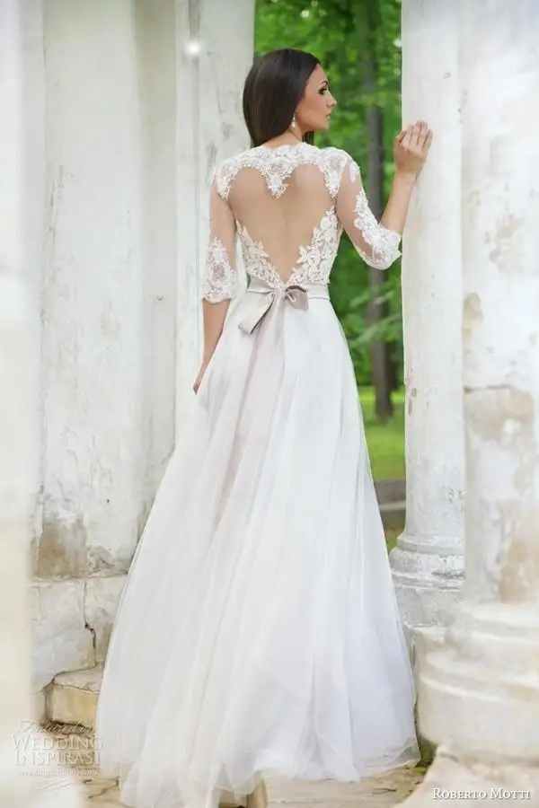 EINE linie Weiß Spitze Appliques 2021 Sehen Durch Backless Weiß Brautkleid Sweep Zug Halbe Hülse Hochzeit Kleider