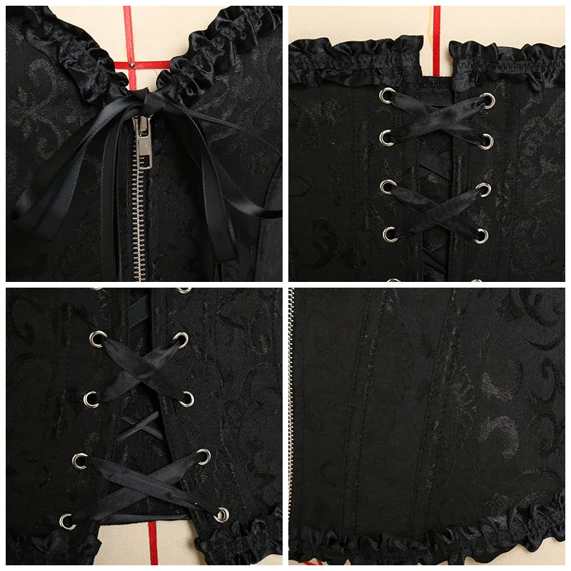 Women Halloween Zipper Bustier Top Corset Sexy Boned Waist Trainer Corset Overbust Brocade Plus Size Waspie Black