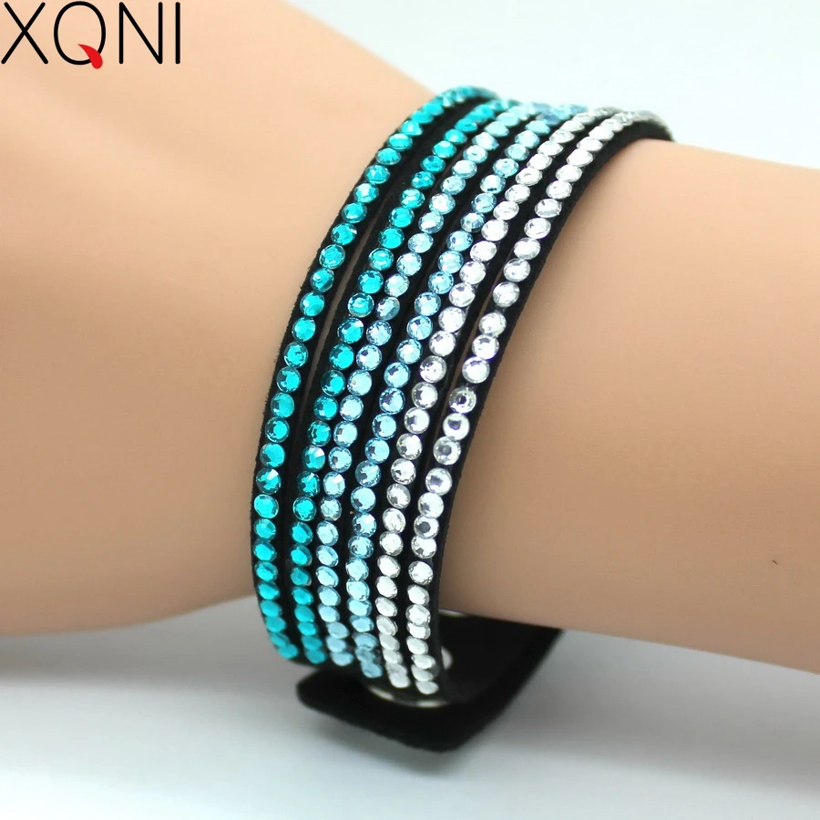 XQNI Fashion Jewelry Crystal Leather Men Bracelet Trendy Mosaic Brand Rhinestone Classic Black Charm Bracelet Jewelry For Friend