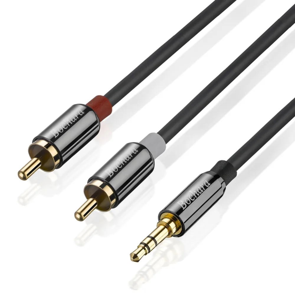 Bochara 3.5mm złącze Stereo męski na 2RCA męski kabel Audio OFC Metal + folia ekranowana do głośników wzmacniacz 30cm 1.8m