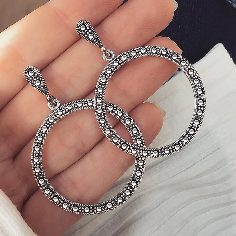 RscvonM Vintage Trendy Silver Color Hoop Earrings For Women Bohemian Statement Geometry Round Creole Earring Pierce Jewelry