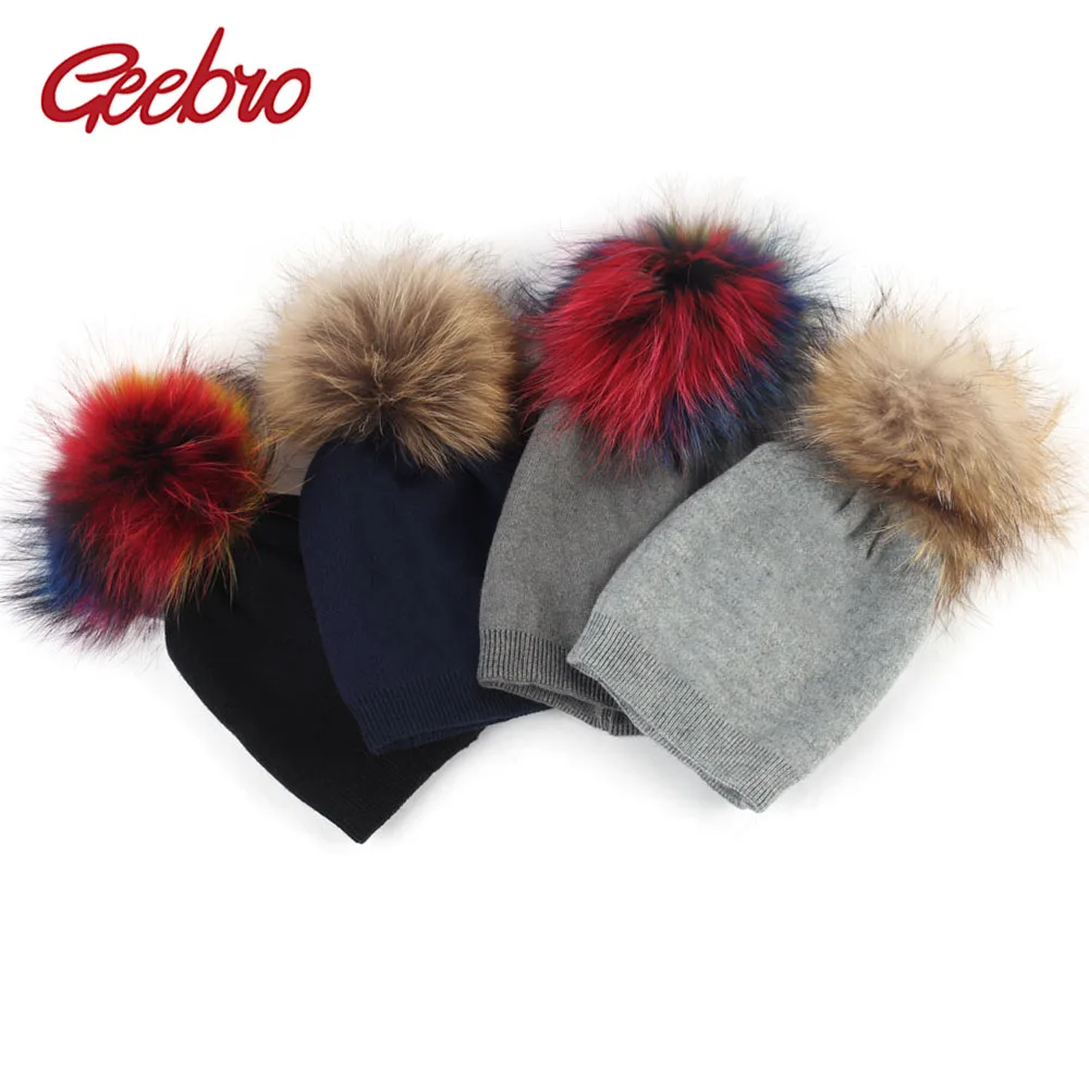 Geebro  Baby Beanie Hat Autumn Wool Skullies Beanies with Raccoon Fur Pompom Newborn Boys and Girls Slouchy Real Pompon Hat