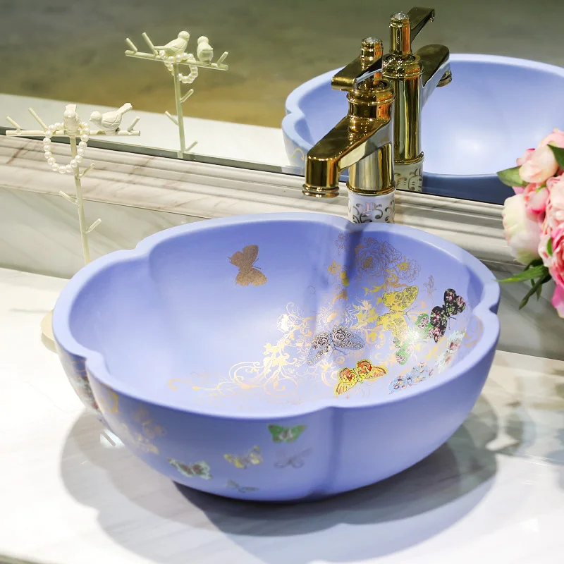 

China Handmade Lavabo Washbasin Art wash basin Ceramic Counter Top Wash Basin Bathroom Sinks vessel sink bowls flower shape