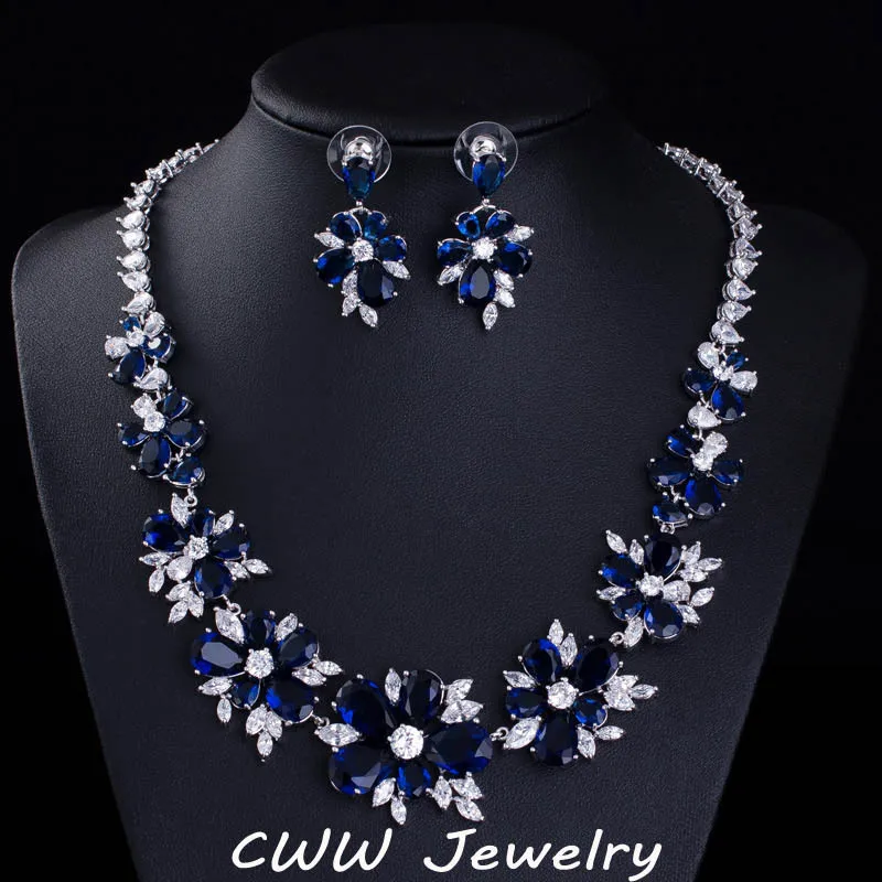 CWWZircons Blue CZ Bridal Jewelry Big Cubic Zirconia Stone Flower Wedding Choker Necklace Earrings Sets For Women  T153