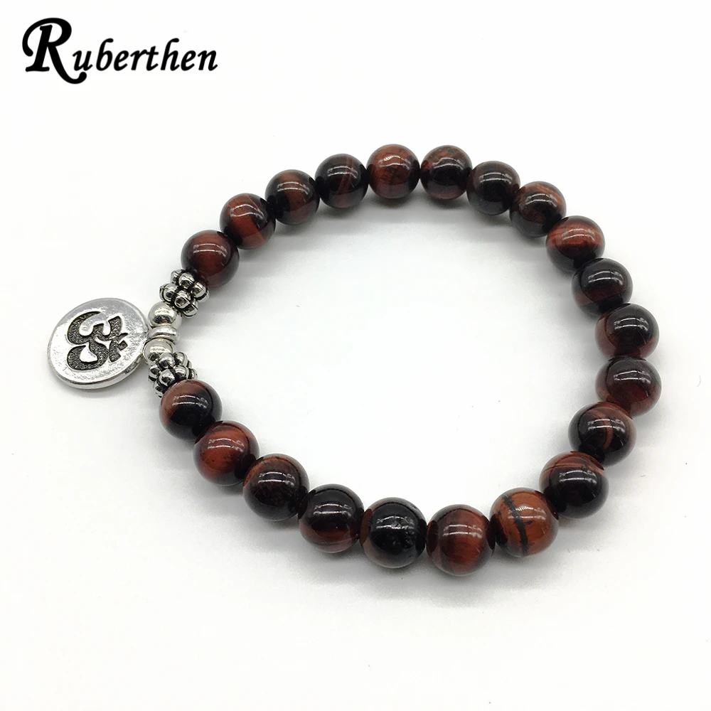 Ruberthen Mens Bracelet Red Tiger Eye Ohm Charm Bracelet Trendy Natural Stone Jewelry Meditative Wish Bracelet