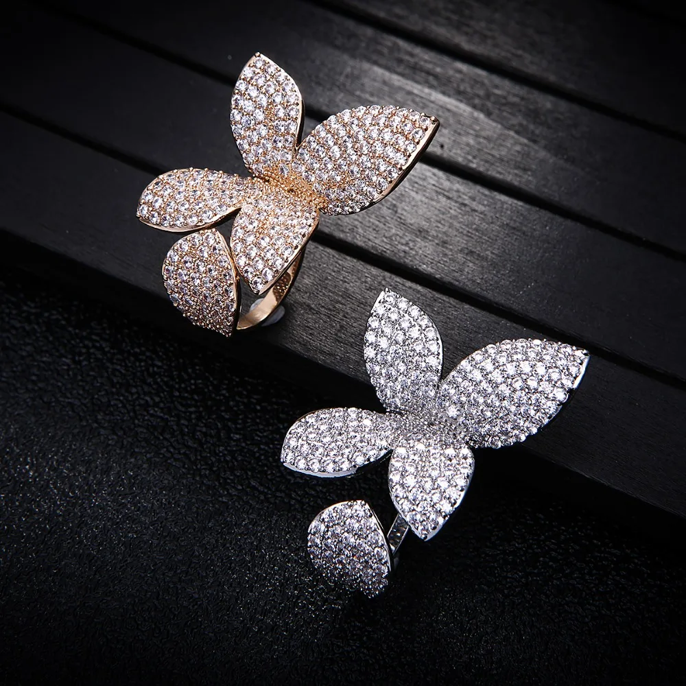 Luxury Plant Flower Shape Adjustable Rings Cubic Zirconia Engagement Bridal Finger Rings Jewelry Addiction For Women J1777