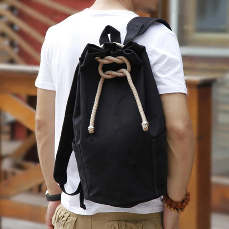 Backpack Men Black High Quality Canvas Drawstring Fashion Barrel Bag Simple Solid Bag Man X027