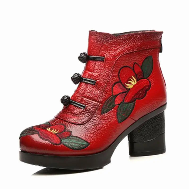 GKTINOO Stivaletti floreali per donna Autunno Inverno Stivali da donna in vera pelle Retro fatti a mano Scarpe comode Tacchi alti