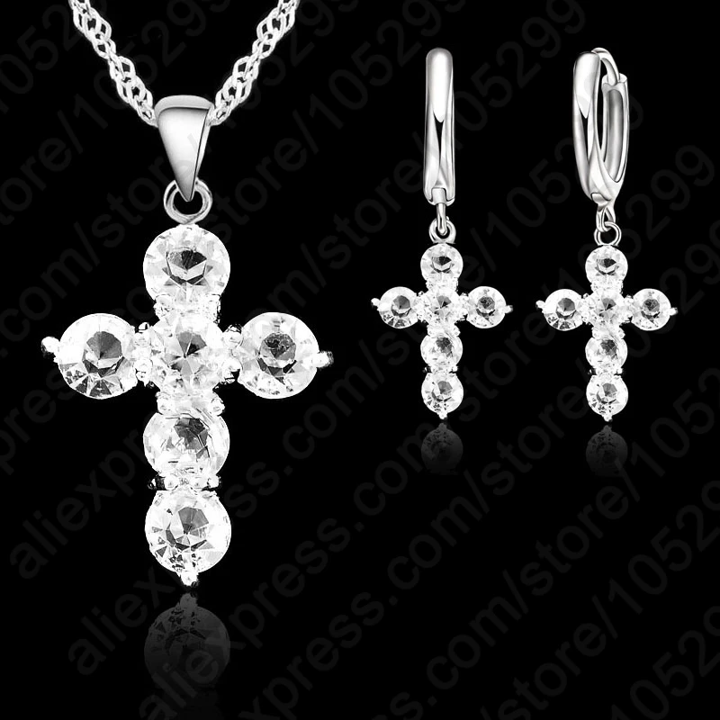 10Color Choose 925 Sterling Silver Austrian Crystal Cross Pendant Necklace Earrings Jewelry Sets Stock 24 Hours Shipping