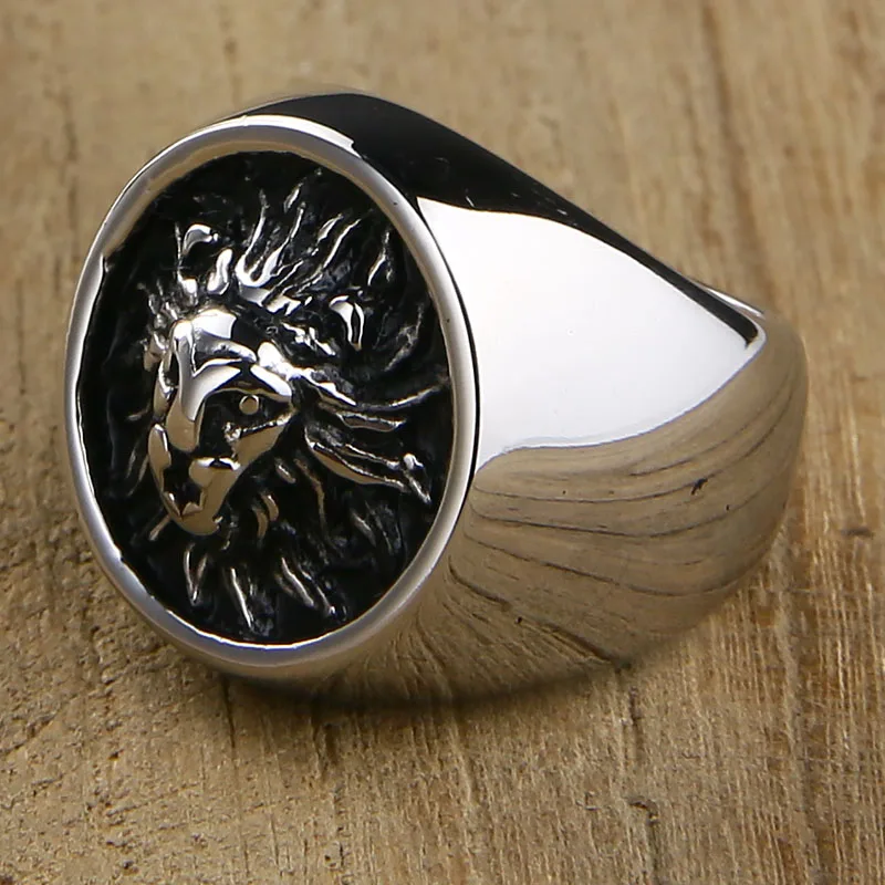 Valily Men Ring Punk Gold Lion Ring 316L Stainless steel Biker Round Animal Jewelry Party Power Design