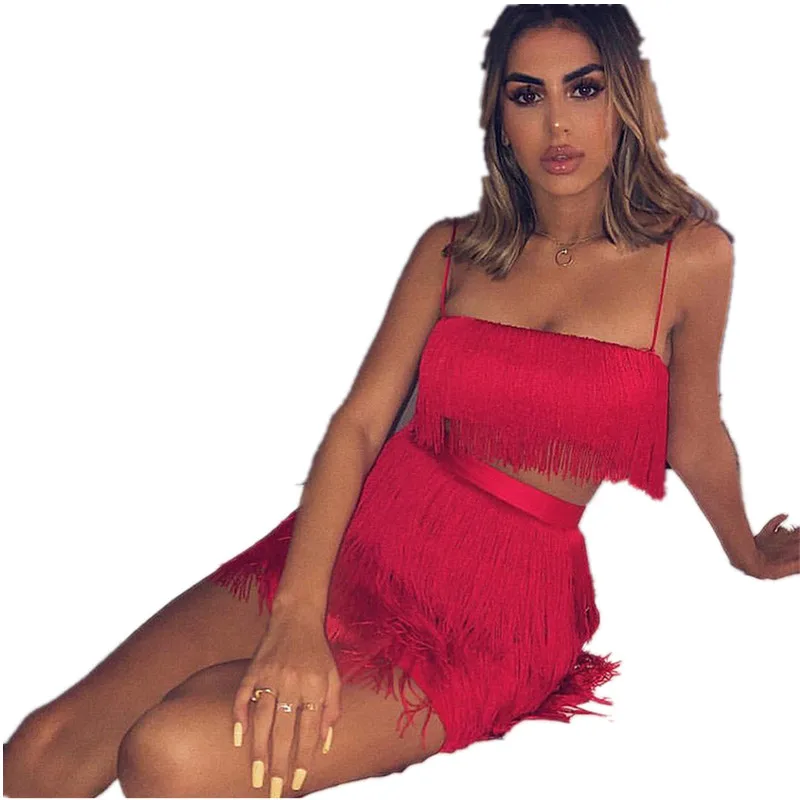 

Women's High Waist Tassels Two Piece Sexy Dress, Spaghetti Strap, Fringe Beach Dress Ladies Club Dresses Summer