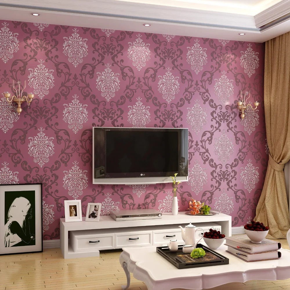 

QIHANG European Style Luxury 3D Damascus Pearl Powder Non-woven Wallpaper Roll Purple&Red Color 0.53m*10m=5.3m2