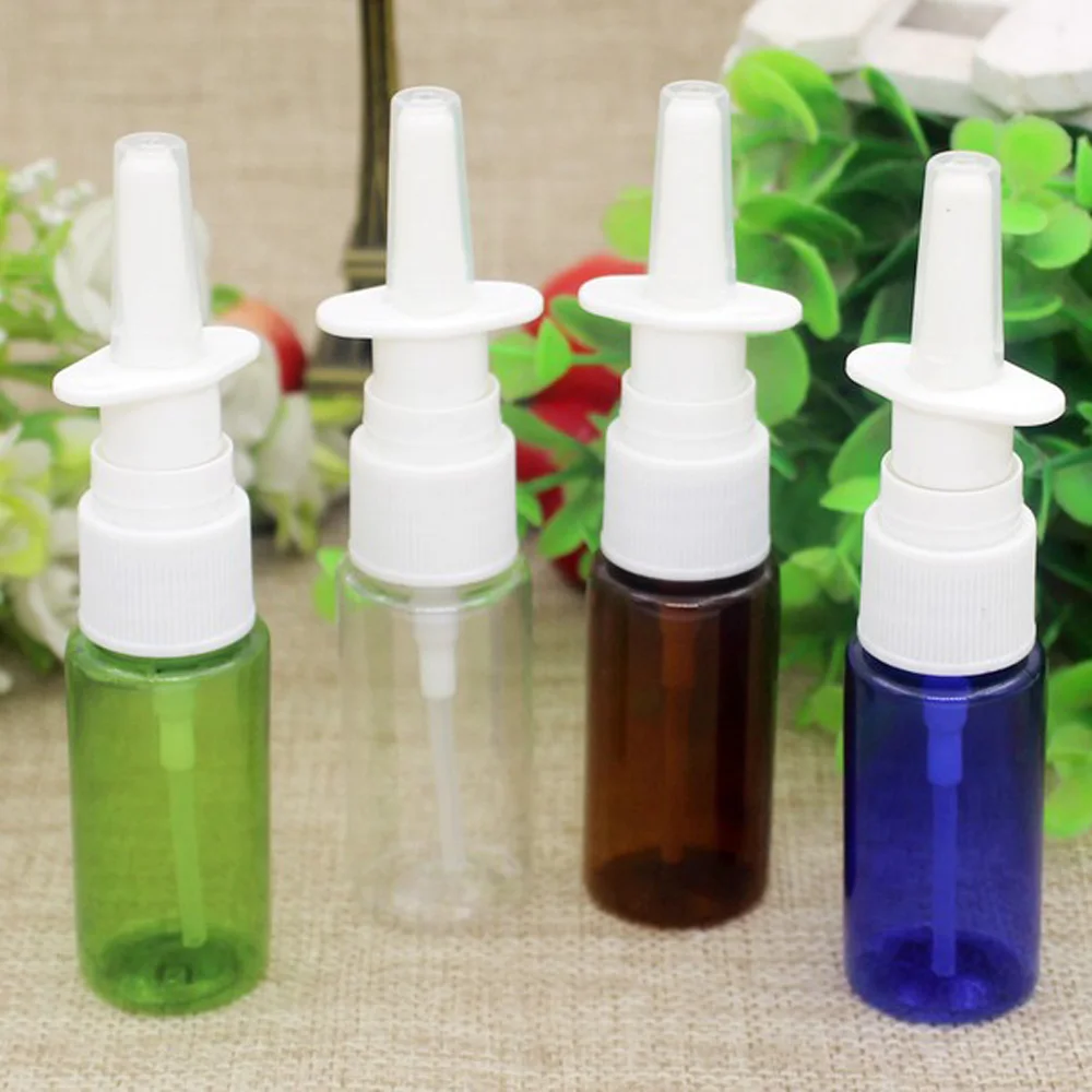 

50Pcs/Lot 15ml green brown Transparent blue Empty Plastic Nasal Spray Bottles Pump Sprayer Mist Nose Spray Pet Refillable Bottle