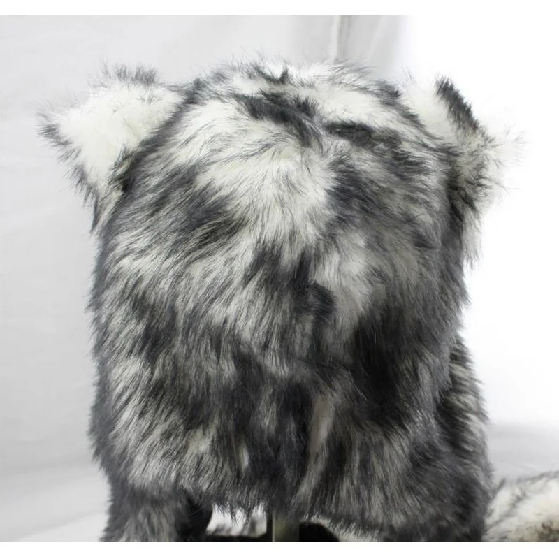 الشتاء القبعات للنساء مع آذان Grils الأبيض الذئب أنيمي فو الحيوان هود القلنسوات قفازات قفازات وشاح روح الكفوف آذان دافئة