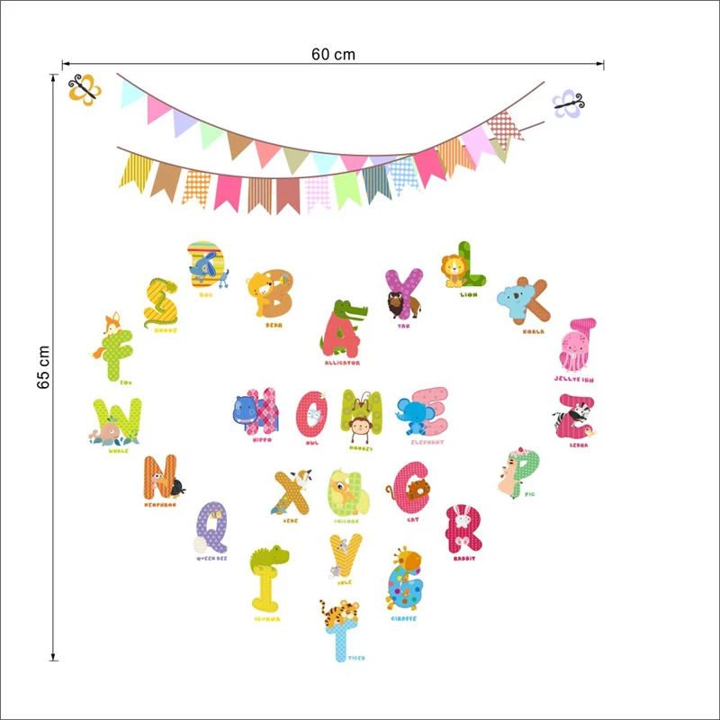 Cute English Alphabet Colorful Flags Animals Wall Stickers Kids Room Decoration Diy Wall Decals Art Peel And Stick Party Decor