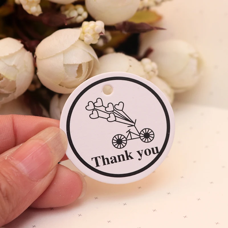 White Gifts Cakes Clothes Packaging Lables Party Decoration Card 100pcs/lot 3.5cm Print Bike Ballon & Thank you Round Paper Tags