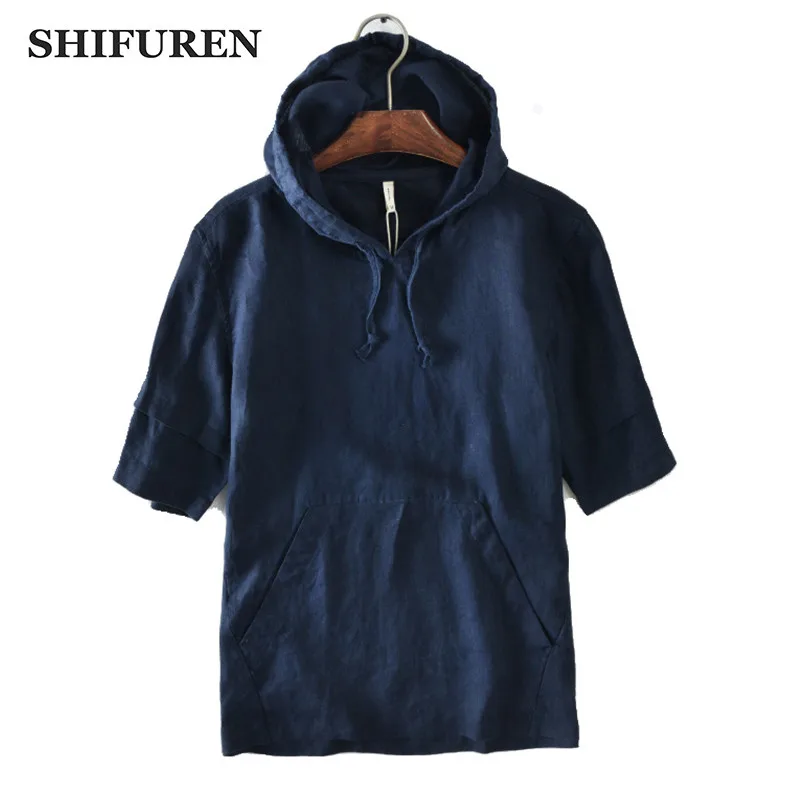 SHIFUREN Summer Causal Mens Hooded T shirts Breathable 100% Pure Linen Tee Shirts Half Sleeve Solid Male Tops Tees Size M-XXXL