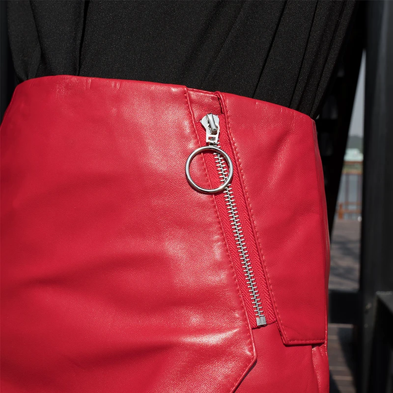 Spring Autumn Genuine Leather Red Skirt Women Luxury Sheepskin Asymmetry Zip Short Skirt Street Slim Office Wrap Skirt