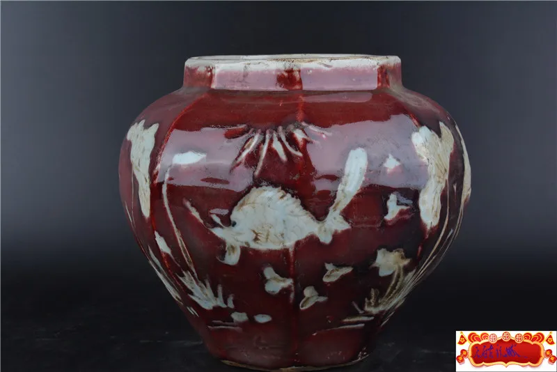 antique YuanDynasty porcelain jar,red glaze&white flower glaze,Fish,Hand drawn,Decoration,collection &Adornment