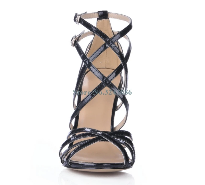 Black Gold PU Narrow Band Stiletto Heel Sandals Open Buckle Strap Thin High Heel Sandals Elegant Banquet Shoes Party Shoes