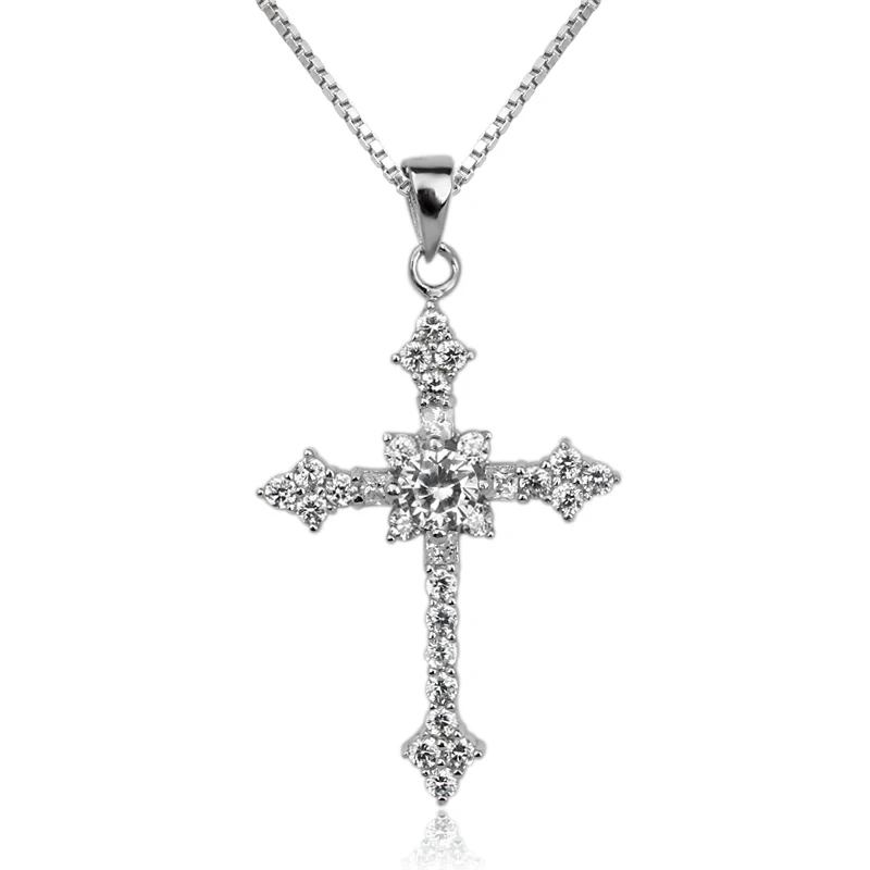 925 Silver Cross Jewelry Set Drop Earrings Pendant Necklace Set Luxury Hook Clear 18-inch Box Link Chain SET009