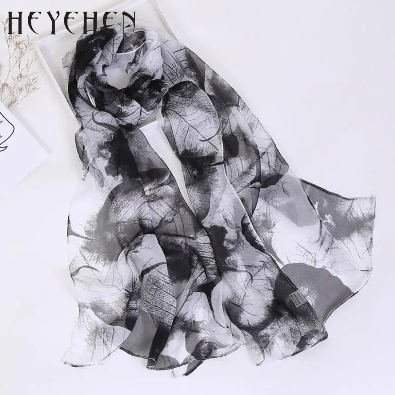 New Design Women Foulard Chiffon Georgette Silk Scarf Green Tree leaf Print Sunscreen Long Shawl Muslim Hijab HY87