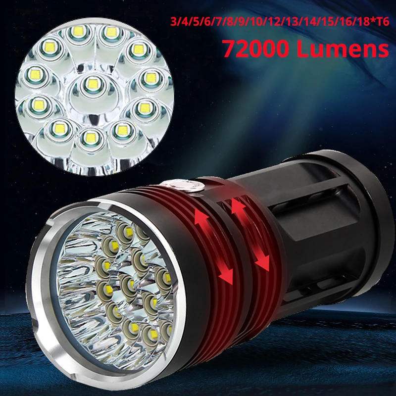 Linterna LED táctica de 3 modos, Luz Portátil de 4x18650, 3 a 18 x T6