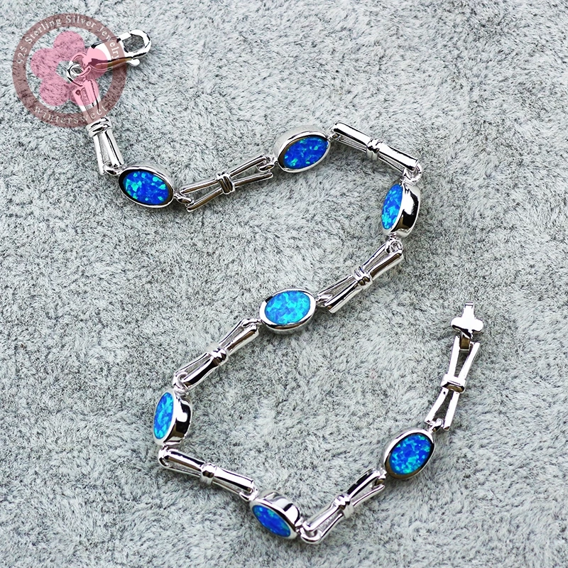 JLB085  Real 925 Sterling Silver Bracelets Blue Opal Fine Jewelry Trendy Women Charm Bracelets Precious Christmas Gift