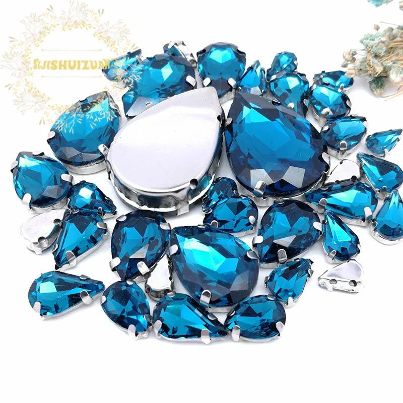 30PCS Hot Sale Wholesale Mix Drop Shape Silver Claw Sew on Glass Crystal Clear Peacock Blue Rhinestones for Dress Wedding