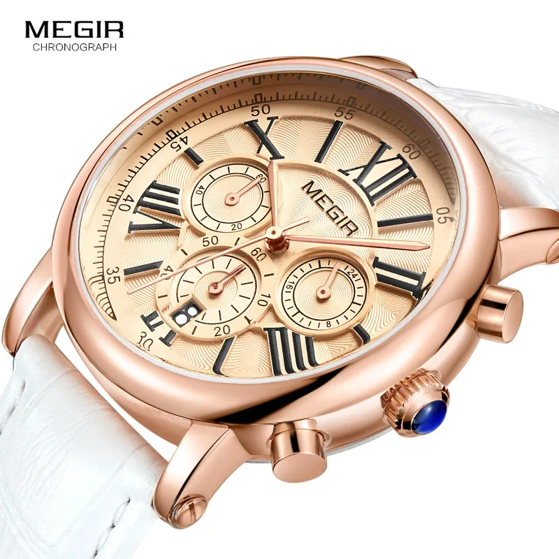 Megir Woman\'s Chronograph Quartz Watch with 24 Hours and Calendar Display White Leather Strap Wrist Stopwatches for Ladies 2058L