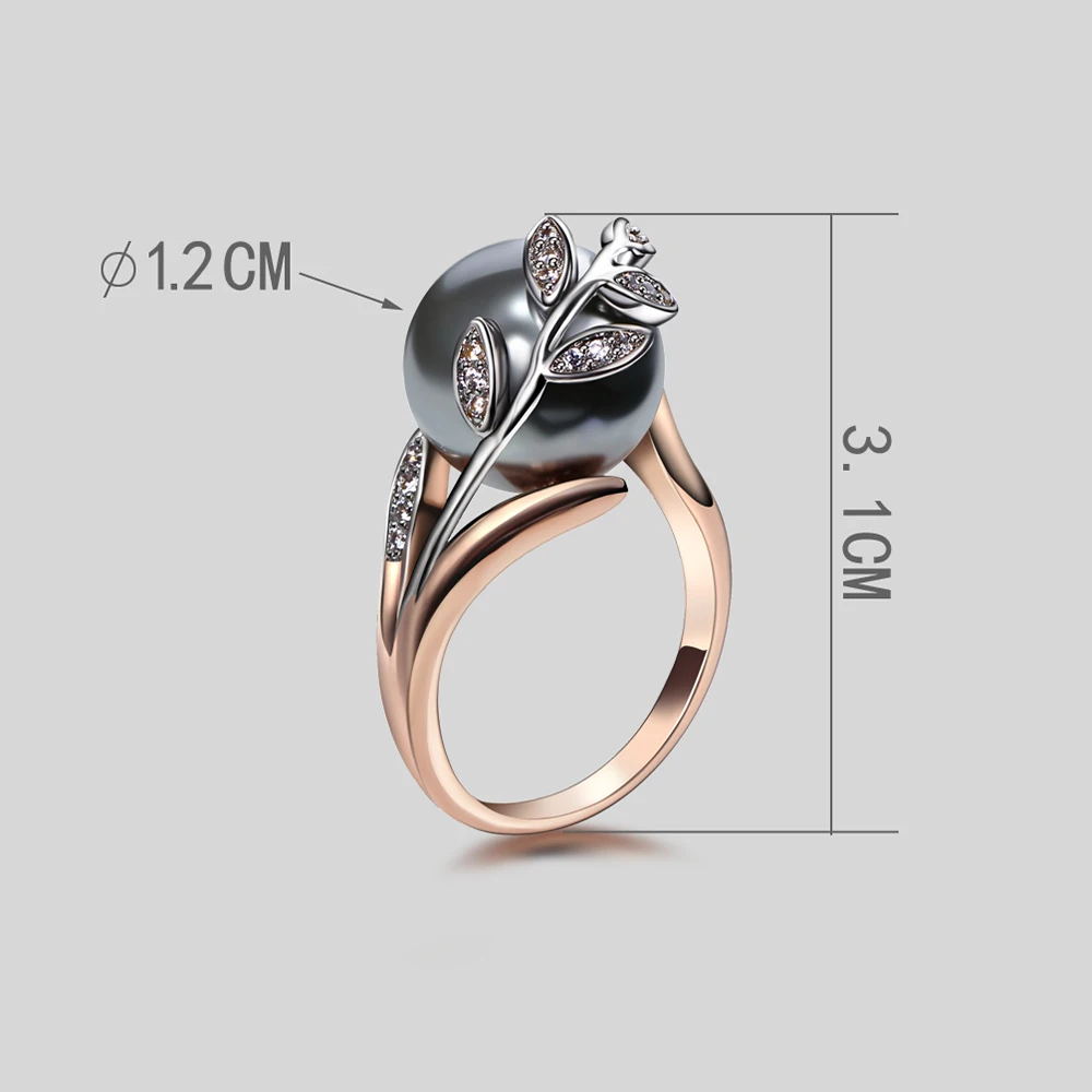 Trendy Hot Ring with Gray 12mm Simulated Pearl & Cubic zircon Women Jewelry Statement Leaf Finger Rings