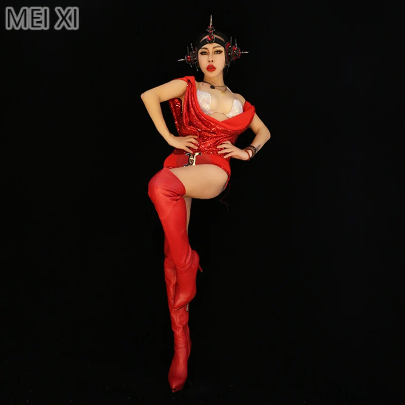 

Sexy GAGA red shiny fabric deep V jumpsuit party nightclub bar concert DJ singer/dancer costume