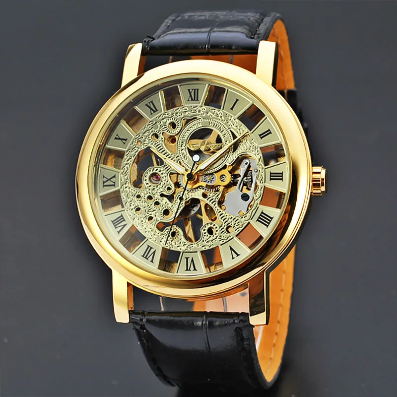 

Men Big Dial Hollow Mechanical Watch Steampunk Men's winner Luxury Brand Automatic Wristwatch Male Leather Transparent Skeleton