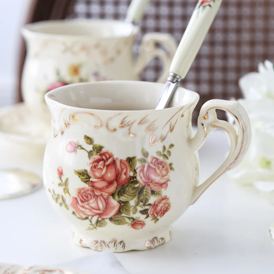 MUZITY European Style Ceramic Tea Cup And Saucer Porcelain Coffee Cup Set With Stainless Spoon Rose Design