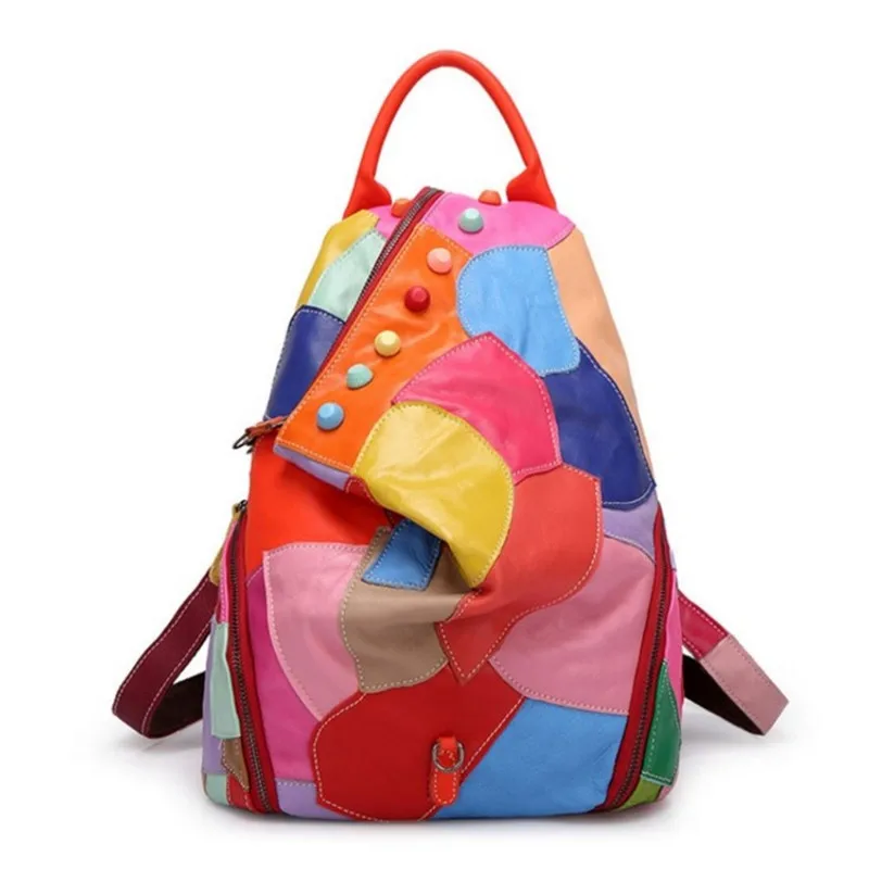 Mochila escolar de piel auténtica para mujer, bolso de hombro con costuras de color, a la moda, para adolescentes