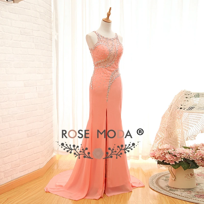 Rose Moda Real Photos Crystal Beaded Sexy Peach Evening Dress with Slit Floor Length