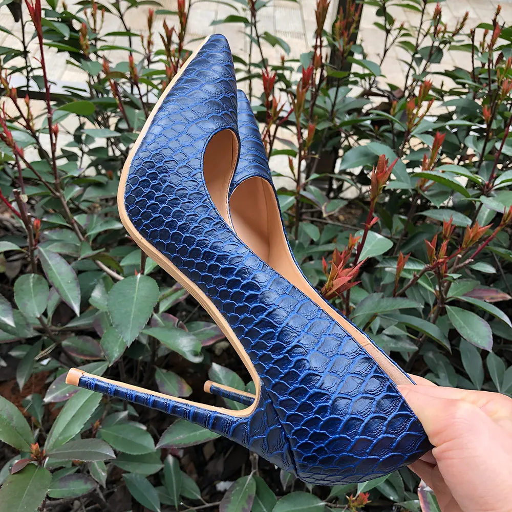 Veowalk Sexy Women Snakeskin Embossed Extremely High Heel Party Shoes Italian Style Navy Blue Fashion Ladies Stilettos Pumps