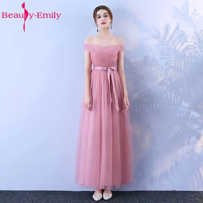 فساتين لوصيفات العروس الطويلة من Beauty Emily 2019 وردي على شكل حرف a بدون أكمام بدون حمالات بطول الأرض مكشوف الكتف لحفلات العودة للوطن