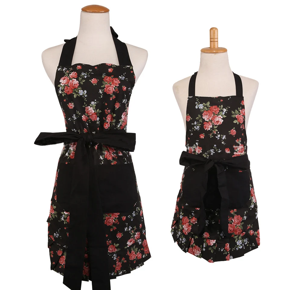 Mother & Daughter Parental Apron Cotton Printing Cute Aprons With Pocket Housework BBQ DIY Painting Flower Pinafore Apron Black