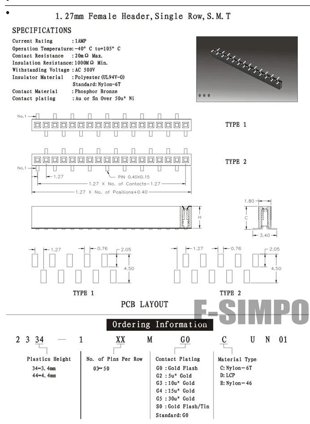 100pcs/lot 1.27mm Female Header, 1*9P SMT Single Row,  Rohs, Golden-Plated, High Quality