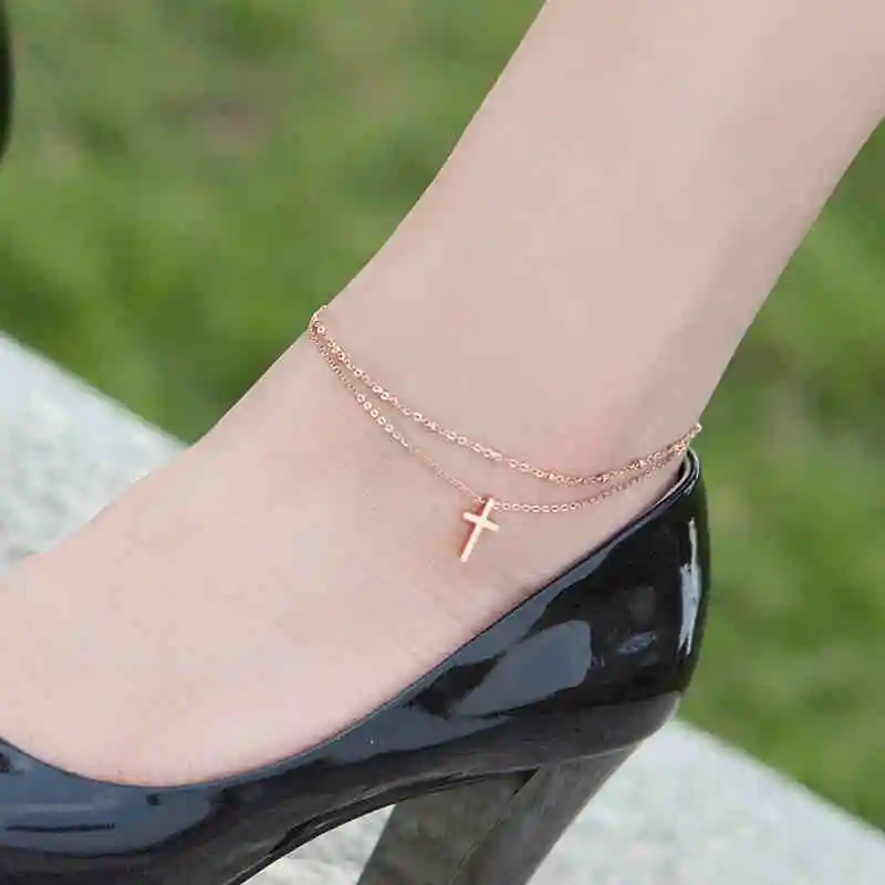 Cross Anklet for Women Men Top Quality Rose Gold Color Classic 2-layer Anklet Fashion Stainless Steel Jewelry(GA105)