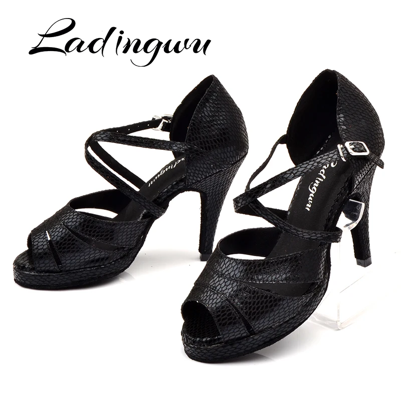 Ladingwu Dance Shoes Salsa Women Waterproof Platform Latin Dance Shoes Ladys Ballroom Tango Dance Shoes Black Snake Texture PU