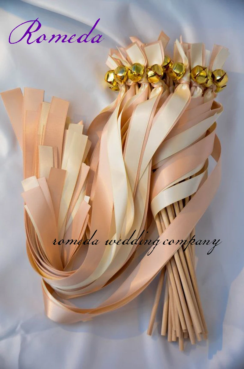 (50Pieces/Lot) Cream Ribbon Stick Wands Wedding Favor Ribbon Sticks With Gold Bell