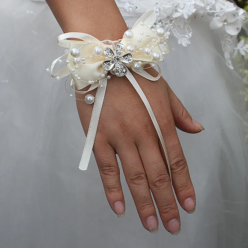 Ivory Marfim Bow Tie Pearl Beaded Wedding Wrist Flowers Bridesmaid de Marriage Ribbon Crystal Corsages Wristband Flowers SW175-Z