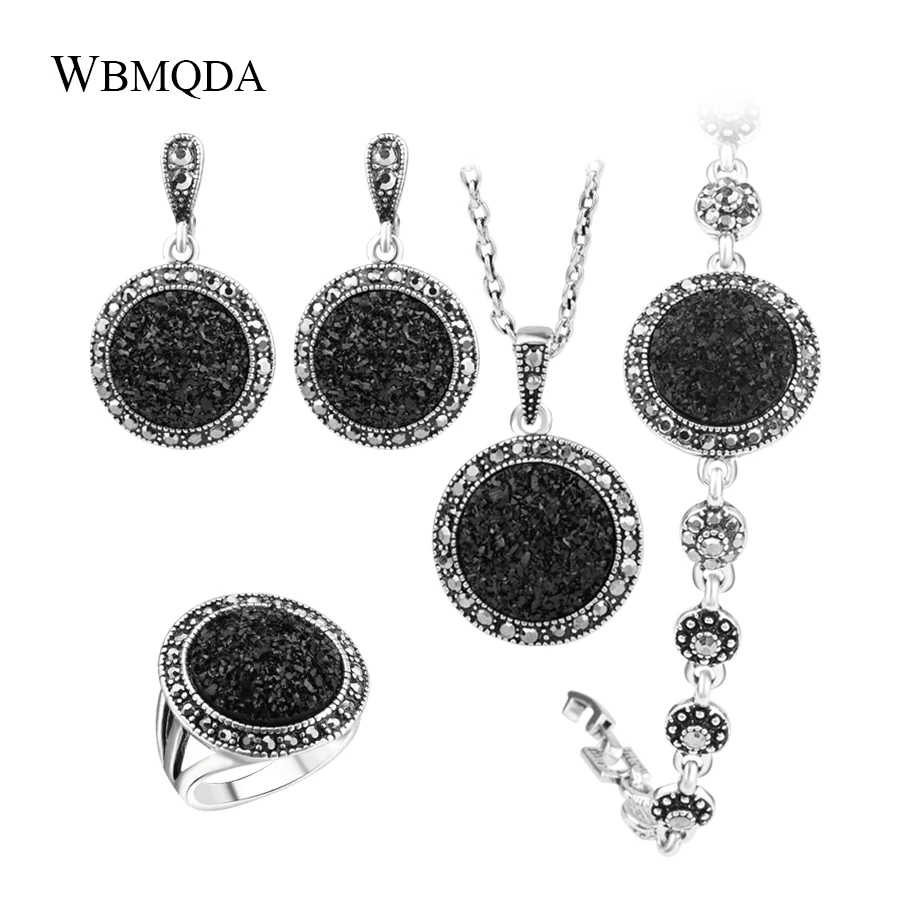 4Pcs/lot Hot Black Broken Crystal Round Jewelry Sets Vintage Party Accessories Fashion Necklace Bracelet Ring Earrings For Women