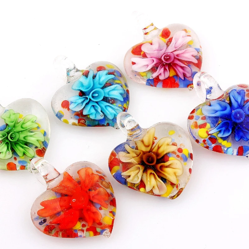 Qianbei Fashion Handmade Murano Lampwork Glass Mix Color Flower Heart Pendants For Necklace Wholesale 6pcs