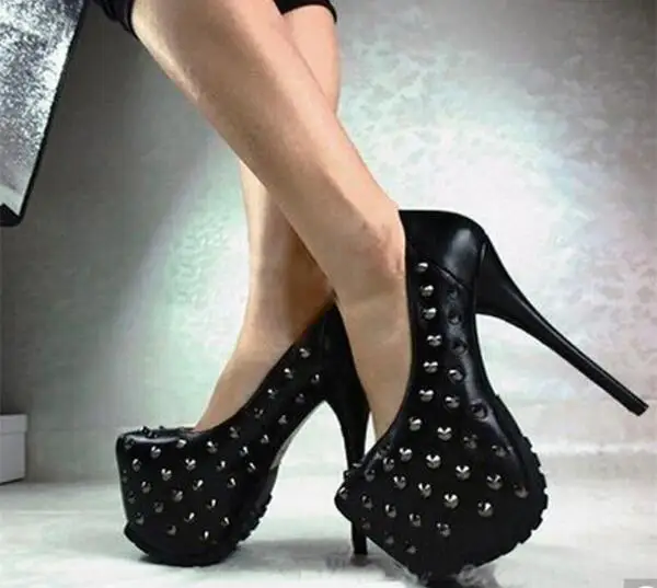 Hot selling punk style solid black color round toe rivets studded high platform dress shoes spike heel woman pumps big size 43