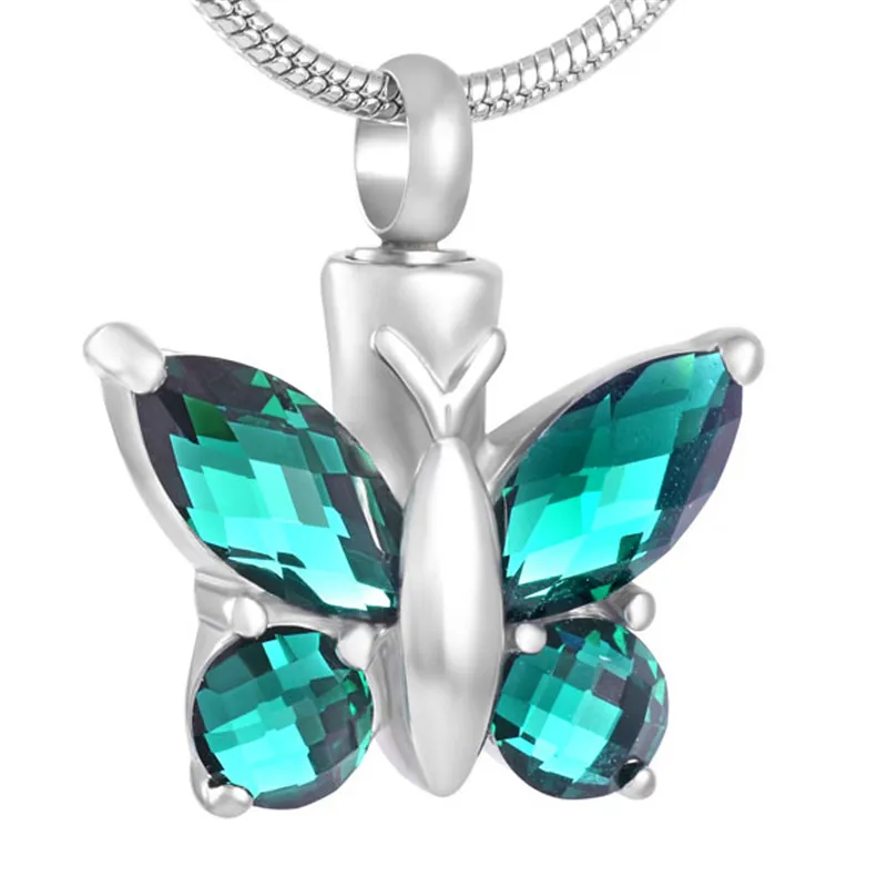 IJD8497 Shiny Butterfly with Crystal Pets Cremation Necklace for Memorial Ashes Holder Stainless Steel Urn Ashes Holder Jewelry