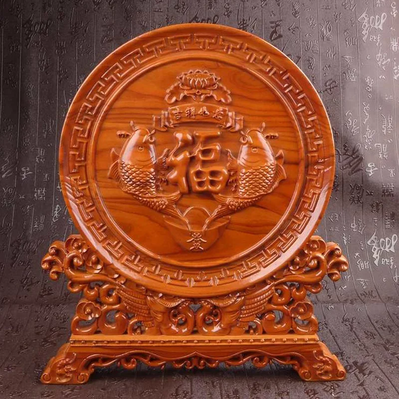 Long Yi auspicious ornaments rich fish mahogany wood carving decoration decoration sector Home Furnishing gifts year after year